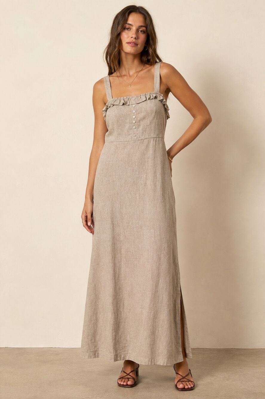 NWT ABLE Linen Blend Maxi Dress M Beige Ruffle Square Neck Cottagecore